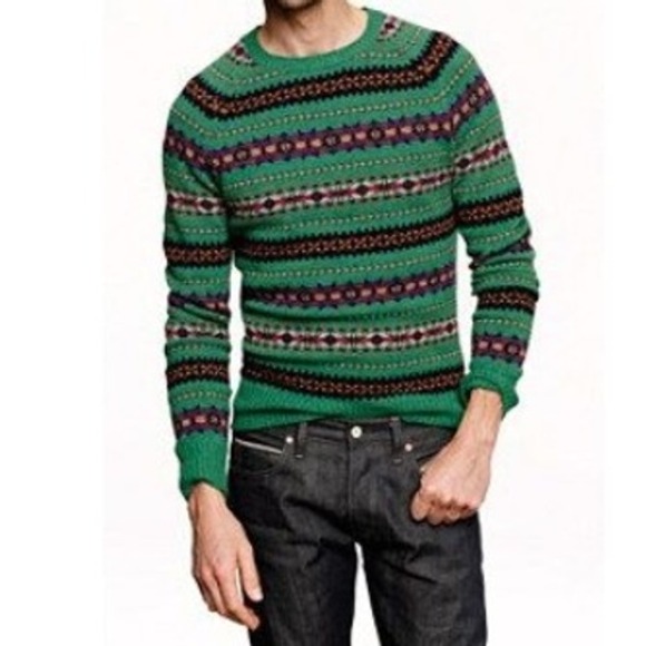 J.Crew Wool Fair Isle Sweater Men XL Green Long Sleeve Pullover Grandpa Preppy - Picture 1 of 9